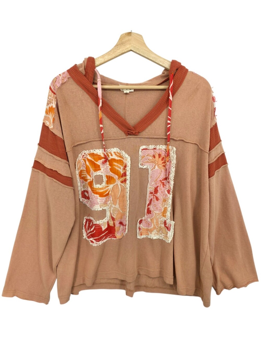 POL Oversized Boho Hoodie Sweatshirt Floral Patchwork Applique Knit Top Large - Picture 3 of 15